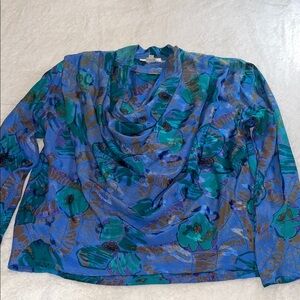Vintage Nora Noah Silk Vibrant Blue and Green Floral Long Sleeve Blouse. Size 14